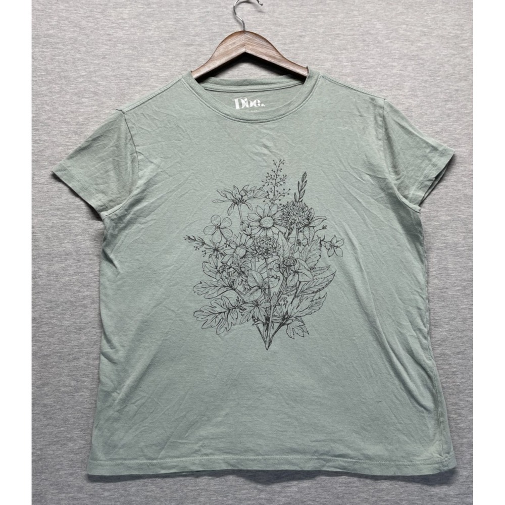 Doe T Shirt Womens Small Medium Sage Green Graphic Print Floral Sketch Crew Neck